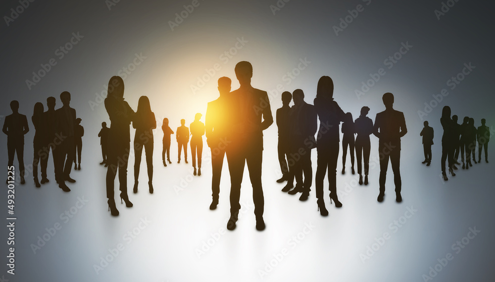 Poster backlit group of businesspeople standing on light background. teamwork and network concept.