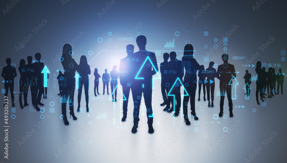 Poster backlit group of businesspeople standing on light background with glowing digital arrows hologram. t
