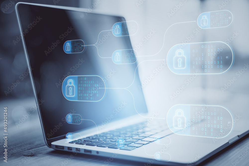 Poster Close up of laptop with abstract big data and security nodes on blurry background. Technology, web safety and programming concept. Double exposure.