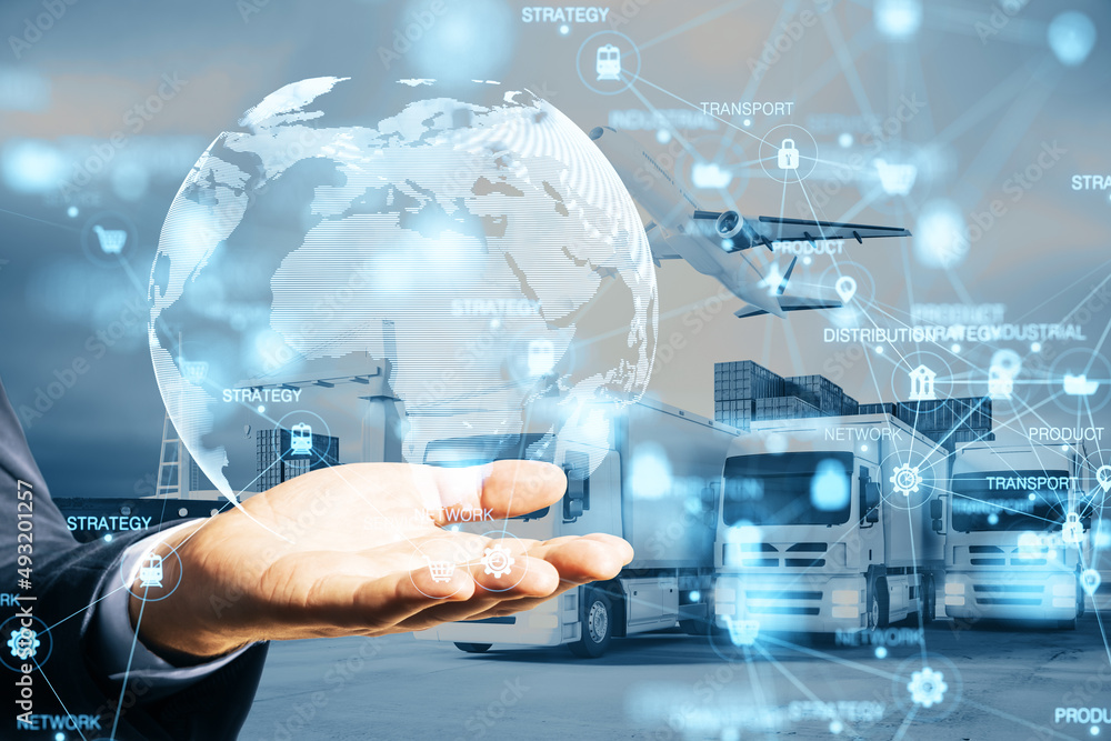 Poster close up of hand holding abstract digital logistics, delivery and transportation hologram with globe