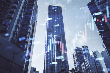 Plakat Abstract growing forex chart on blurry city background. Economy, up, growth and finance concept. Double exposure.