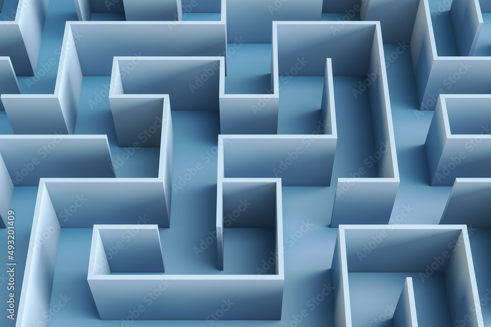 Poster creative blue maze background. solution, way out and challenge concept. 3d rendering.