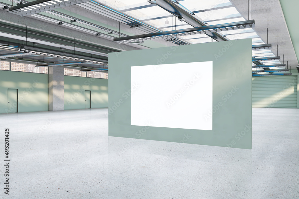 Poster bright spacious concrete warehouse garage interior with empty white mock up poster. space and design