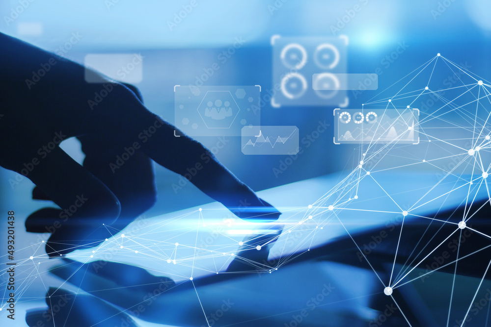 Aufkleber Close up of hand pointing at tablet with abstract glowing polygonal business chart interface hologram on blurry background. Finance, future and technology concept. Double exposure.