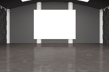 Modern spacious black concrete hangar interior with white mock up poster on wall. Space and design concept. 3D Rendering.