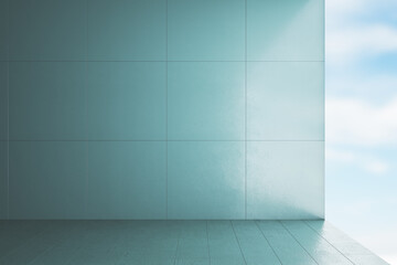 Clean modern concrete interior with bright daylight and mock up place on wall. Gallery and living concept. Sky view. 3D Rendering.