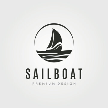 sailboat logo vector with sunset and wave symbol illustration design