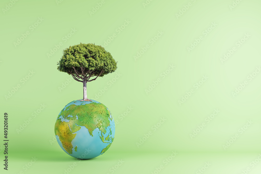 Poster Abstract globe with tree on green background with mock up place. World, earth, ecology and planet concept. 3D Rendering.