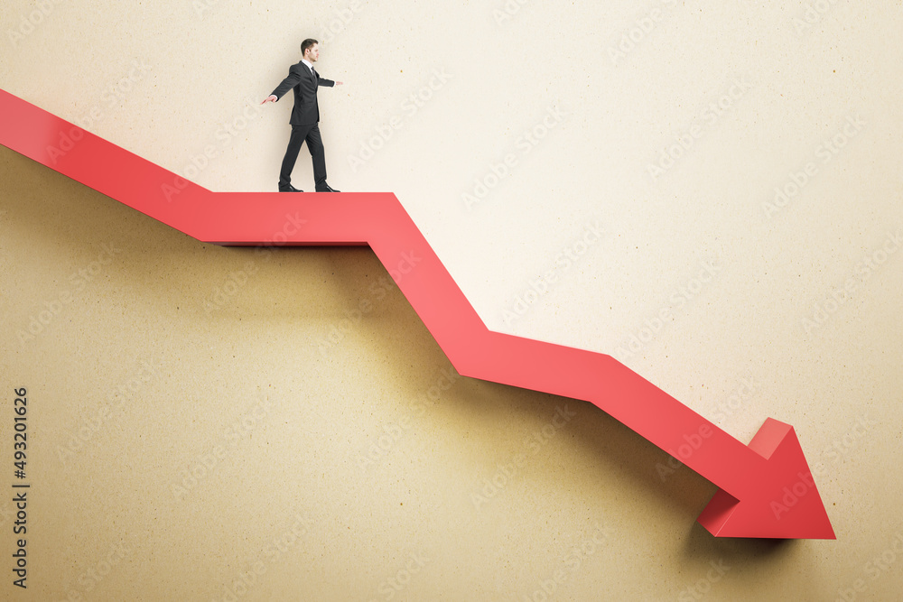Poster businessman balancing on abstract red downward chart arrow on light background. down, drop, finance 