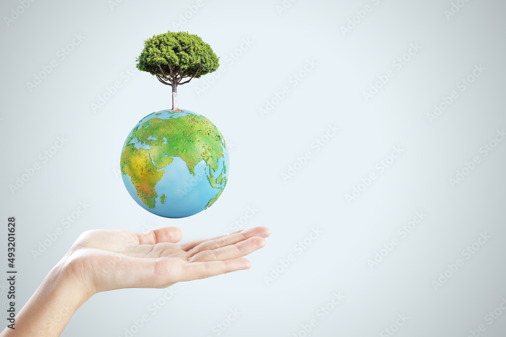 Poster close up of female hand holding abstract globe with tree on light background with mock up place. wor