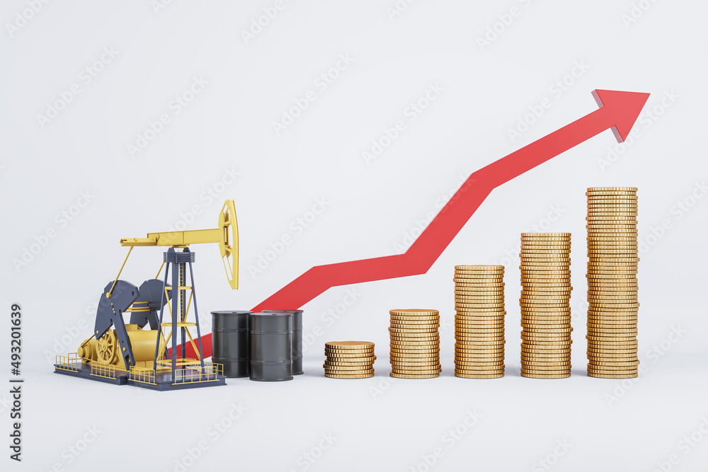 Poster growing oil price coin chart on white background with red arrow and mock up place. up, gas and petro