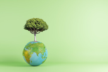 Abstract globe with tree on green background with mock up place. World, earth, ecology and planet...