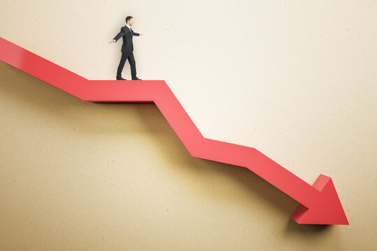 Businessman balancing on abstract red downward chart arrow on light background. Down, drop, finance and crisis concept. Mock up place.