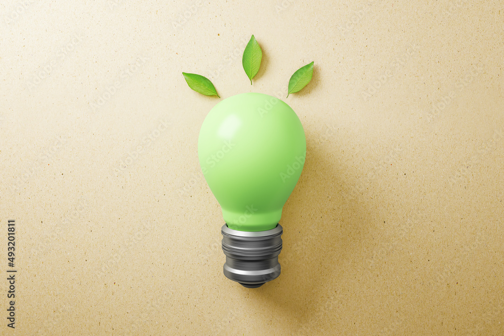 Poster Abstract green lamp on brown background. Energy and save concept. 3D Rendering.