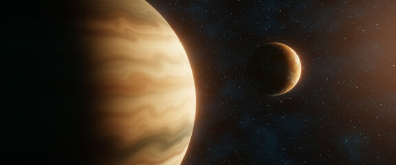 Close-up view of two planets in space partially illuminated by sunlight on a background of stars. Fantasy and science fiction scene. 3d Rendering © Martín Férriz