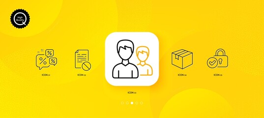 Fototapeta na wymiar Couple, Verified locker and Wrong file minimal line icons. Yellow abstract background. Discounts chat, Parcel icons. For web, application, printing. Vector