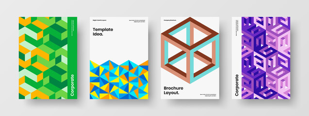 Minimalistic brochure design vector layout set. Vivid geometric hexagons book cover illustration composition.