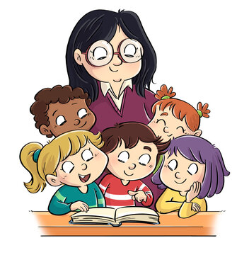 Illustration of teacher and students reading a book