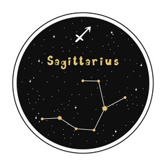 Sagittarius. Zodiac sign and constellation in a circle. Set of zodiac signs in doodle style, hand drawn.