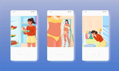 Woman suffering from bulimia, eating disorder. Mobile app screens, vector website banner template. UI, web site design.