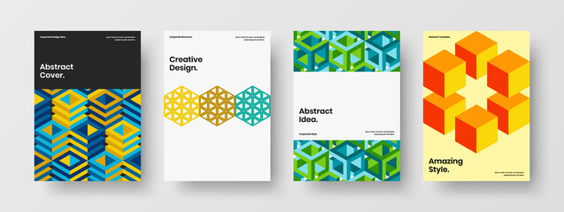 Bright geometric tiles pamphlet illustration composition. Creative company identity A4 design vector concept bundle.