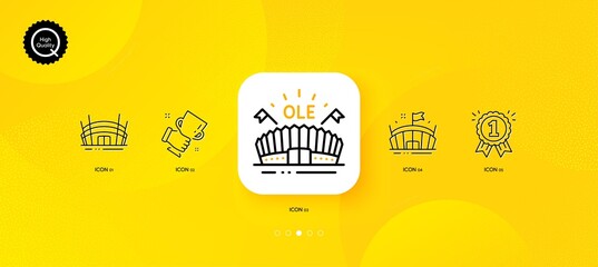 Fototapeta na wymiar Reward, Sports arena and Winner cup minimal line icons. Yellow abstract background. Arena icons. For web, application, printing. First place, Event stadium, Best trophy. Sport stadium. Vector