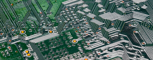 Macro Close up of printed wiring on PC circuit board.