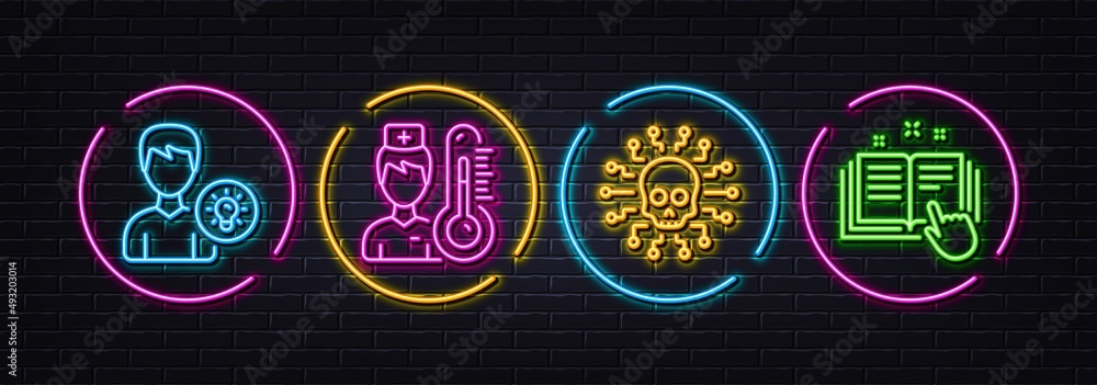 Poster cyber attack, thermometer and person idea minimal line icons. neon laser 3d lights. technical docume