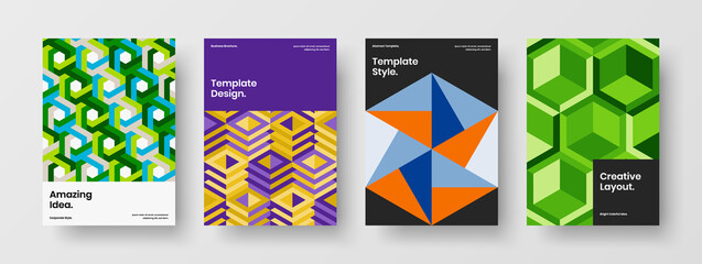 Multicolored pamphlet design vector illustration bundle. Simple mosaic hexagons company cover concept composition.