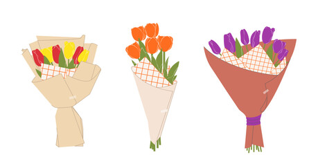 Three bouquets of yellow, red, purple Tulips. Bouquet of spring fresh flowers wrapped in craft paper. Beautiful lush tulips for Mother's Day. Holiday floral decor. Colorful isolated illustrations.