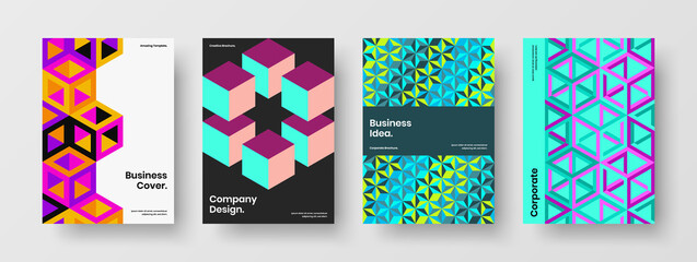 Obraz premium Original magazine cover vector design template composition. Vivid geometric pattern pamphlet concept collection.