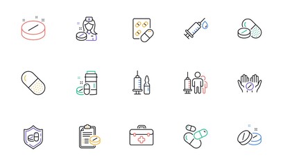 Medical drugs line icons. Healthcare, Prescription and Pill signs. Pharmacy drugs, recipe pill icons. Antibiotic capsule, syringe vaccination. Linear set. Bicolor outline web elements. Vector