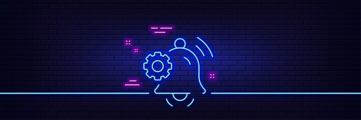 Neon light glow effect. Notification bell line icon. Service alarm reminder sign. Settings message symbol. 3d line neon glow icon. Brick wall banner. Notification bell outline. Vector
