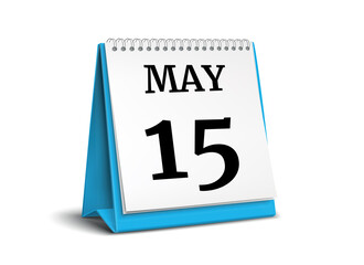 Calendar on white background. 15 May. 3D illustration.