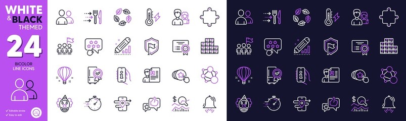Certificate, Leadership and Integrity line icons for website, printing. Collection of Users, Certified refrigerator, Support icons. Electricity power, Food delivery, Air balloon web elements. Vector