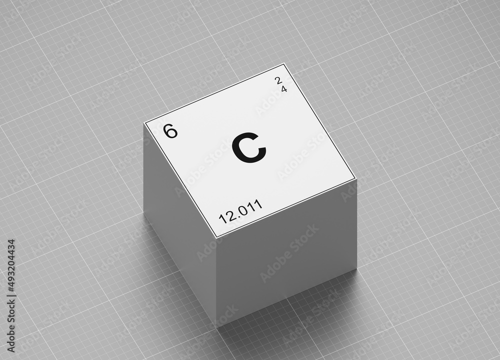 Poster carbon element symbol, from periodic table on white cube on milimeter paper 3d render orthographic p