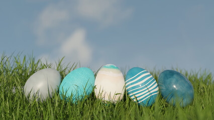 Easter Eggs In Green Grass on a Blue Sky, 3d rendering