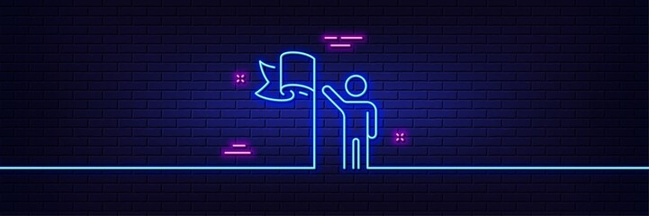Neon light glow effect. Leadership line icon. Success flag sign. Winner symbol. 3d line neon glow icon. Brick wall banner. Leadership outline. Vector
