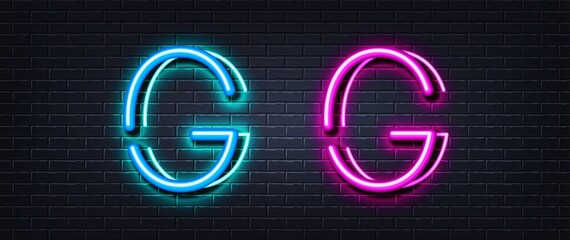 Initial letter G icon. Neon light line effect. Line typography character sign. Large first font letter. Glowing neon light element. Letter G glow 3d line. Brick wall banner. Vector