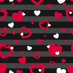 seamless vector pattern. On a black background, a soft black line with a red heart
