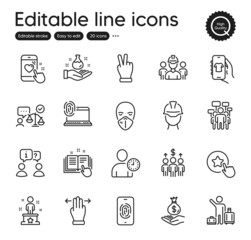 Set of People outline icons. Contains icons as Fingerprint, Heart rating and Voting campaign elements. Income money, Chemistry lab, Lawyer web signs. Airport transfer. Outline fingerprint icon. Vector