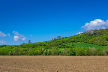 Fototapeta na wymiar Panorama of beautiful countryside, peaceful landscape, green hills in spring time. Wonderful springtime landscape with