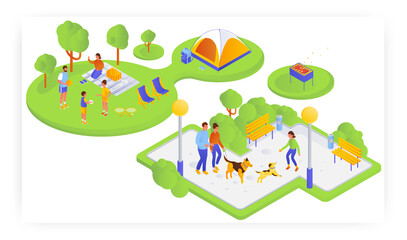 Family on picnic in nature, walking with dog in the park, flat vector isometric illustration. Summer outdoor activity.