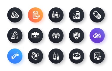 Medical drugs icons. Healthcare, Prescription and Pill signs. Pharmacy drugs, recipe pill icons. Antibiotic capsule, syringe vaccination. Classic set. Circle web buttons. Vector