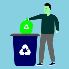 Man throws garbage bag into trash can. Flat design vector illustration. Trash can with recycle icon. eco friendly sign