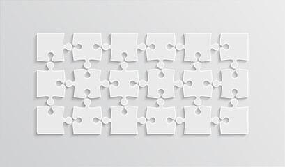 Puzzle pieces. Jigsaw grid. Thinking mosaic game with 18 separate shapes on background. Puzzle layout with 3x6 details. Laser cut frame. Vector illustration. Paper leisure toy.