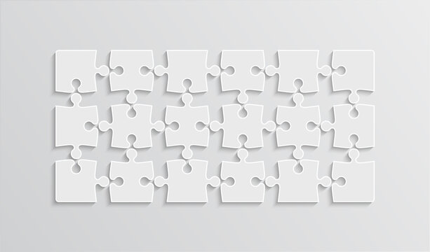 Puzzle pieces. Jigsaw grid. Thinking mosaic game with 18 separate shapes on background. Puzzle layout with 3x6 details. Laser cut frame. Vector illustration. Paper leisure toy.