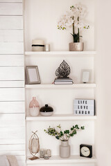 Wall shelves with beautiful decor elements indoors. Interior design