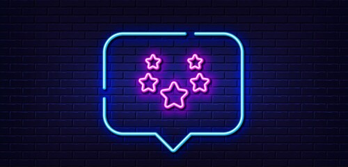 Neon light speech bubble. Stars line icon. Best ranking sign. Rating symbol. Neon light background. Stars glow line. Brick wall banner. Vector