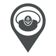Icono plano con silueta de sombrero de capitán de barco en puntero de posición color gris